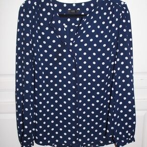 J Crew Navy and White Polka-Dot long sleeve top, lrg